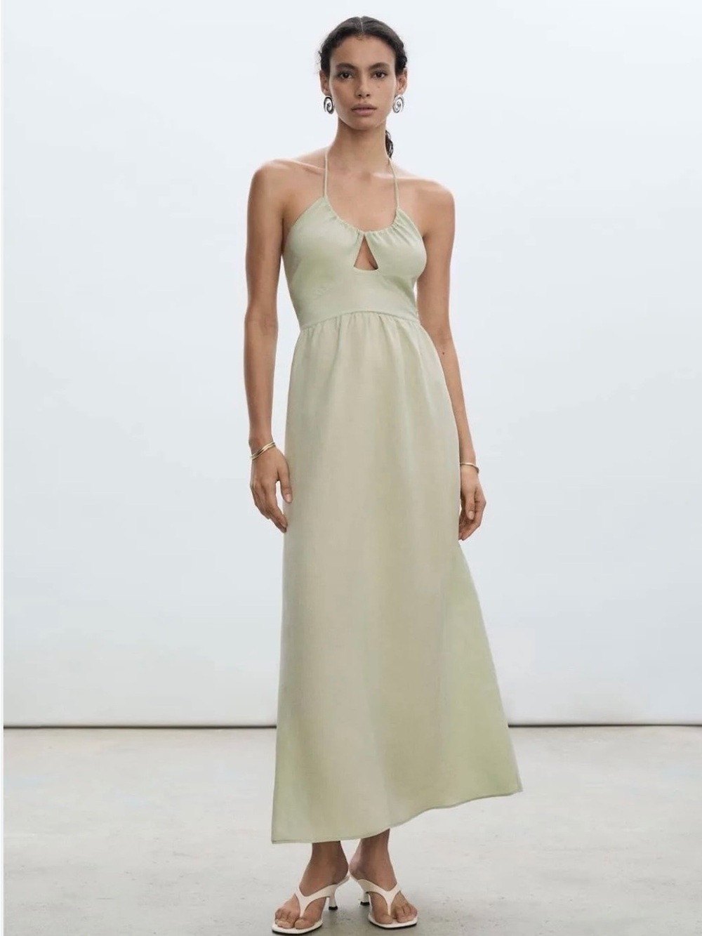 MANGO Light Sage Halter Maxi Dress